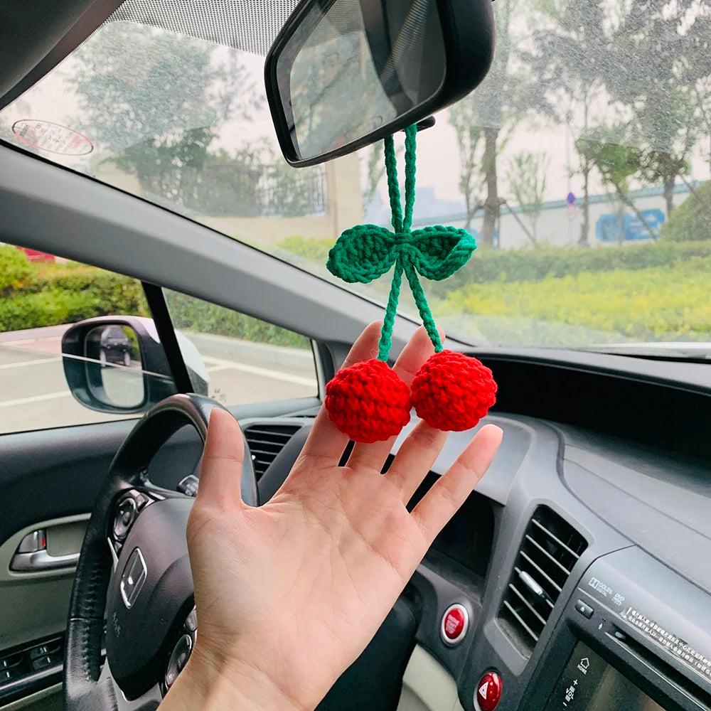 Cute Cherry Crochet Car Mirror Hanging Accessories for Women Teens Interior Rear View Mirror Animal Charm Decor