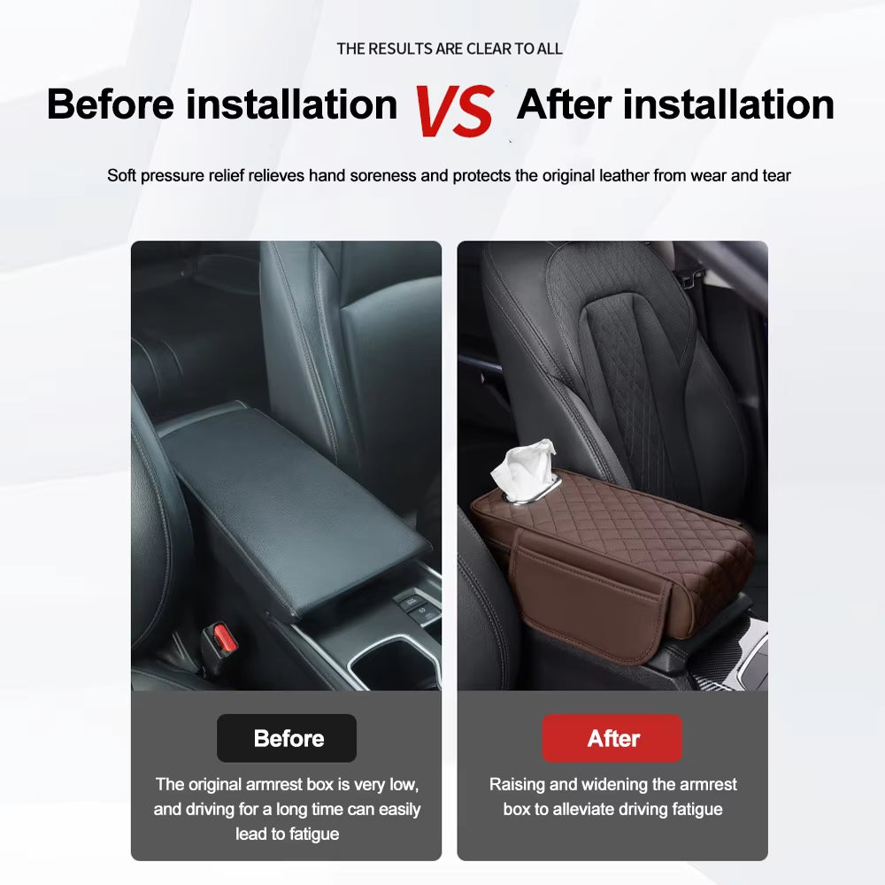 Car Armrest Mat with Tissue Storage Memory Foam Height Pad Universal Auto Center Console Arm Rest Protection Cushion