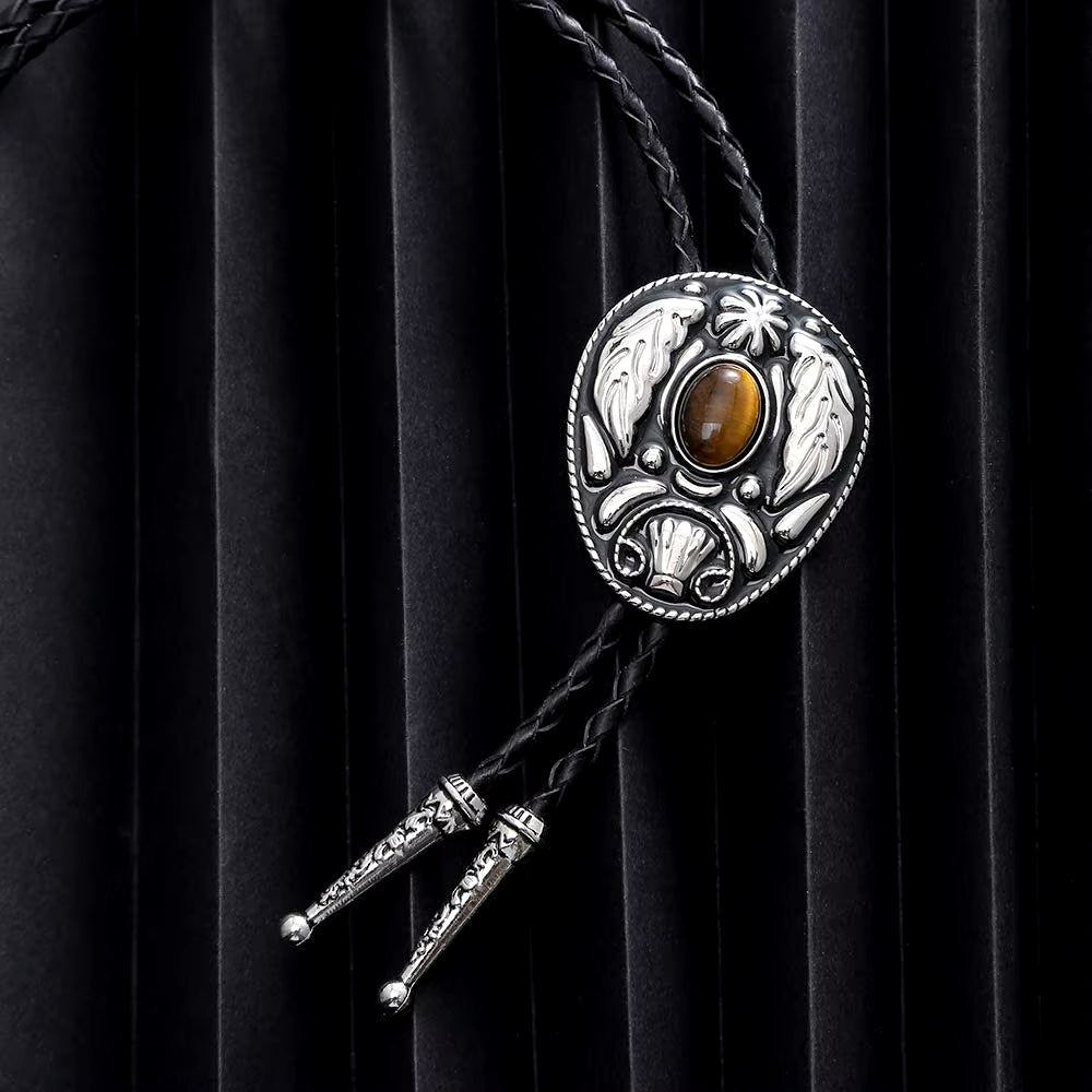 Vintage Western Leaf Tiger Eye Stone Bolo Tie for Man Handmakde Indian Cowboy Western Cowgirl Leather Rope Zinc Alloy Necktie