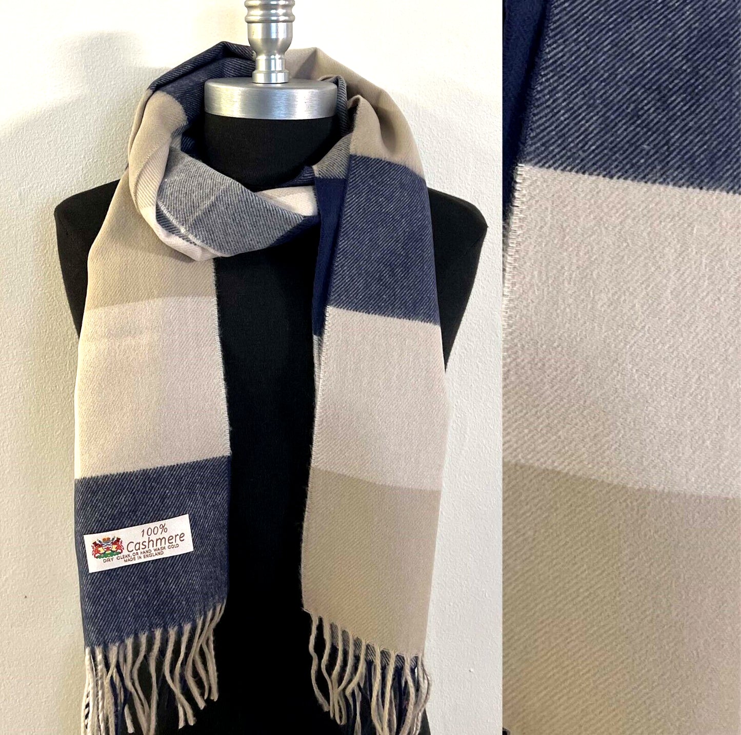 New 100% CASHMERE SCARF Made in England Plaid Navy Tan Beige SOFT Wool Wrap