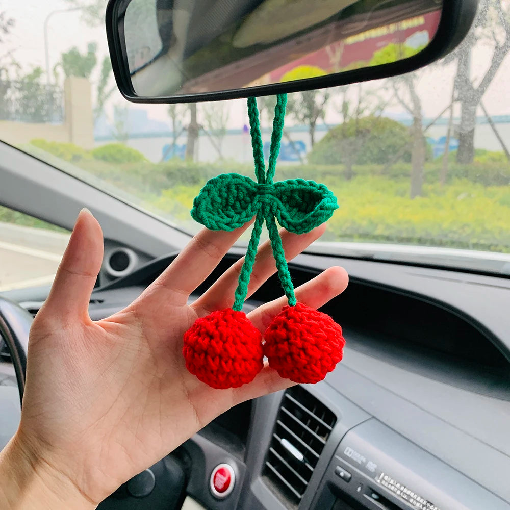 Cute Cherry Crochet Car Mirror Hanging Accessories for Women Teens Interior Rear View Mirror Animal Charm Decor