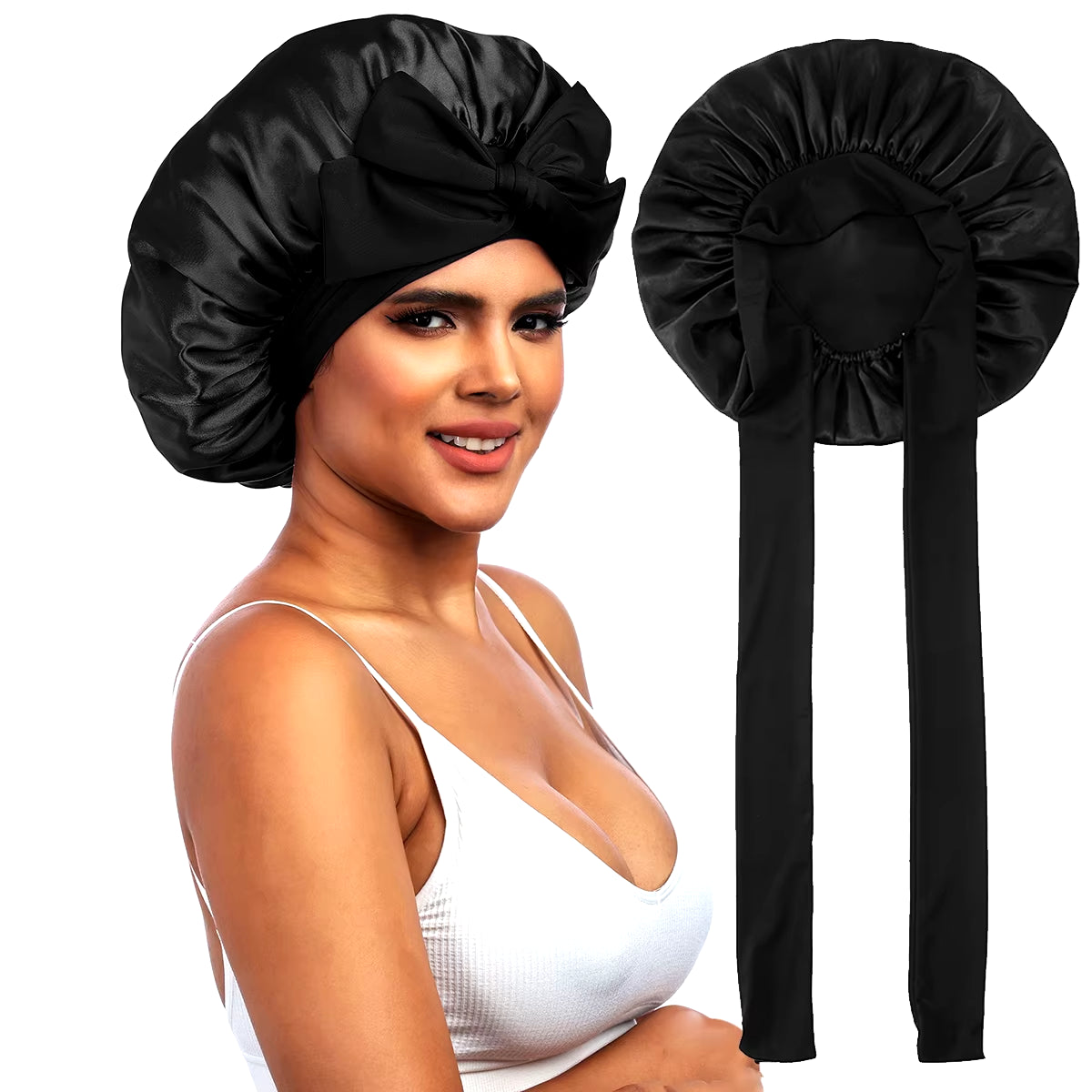 New Double Layer Satin Bonnet with Wide Stretch Ties Long Hair Care Women Night Sleep Hat Adjustable Hair Styling Cap Shower Cap